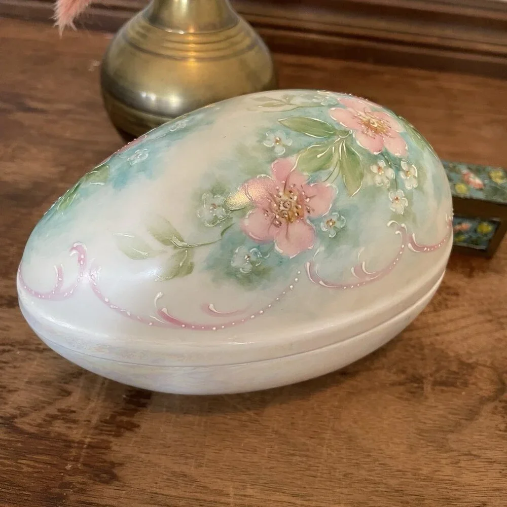 Vintage Porcelain Egg Trinket Box Hand Painted Floral Cottagecore Dresser Decor
